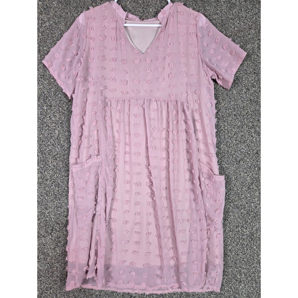 Unbranded Swiss Dot Shift Dress Womens Large Pink‎ V-Neck Short Sleeve Pockets